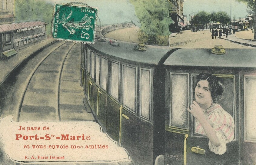 carte postale ancienne figurant une femme à bord d'un train