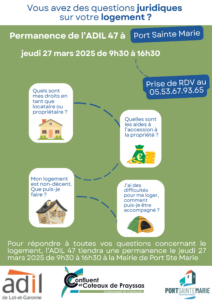 affiche de la permanence de l'agence départementale pour l'information au logement le 27/03/2025 à Port-Sainte-Marie