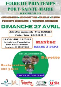 Foire de printemps le 27/04/2025 avec animations et la participation de l'amour est dans le pré