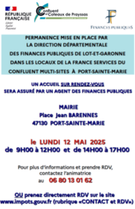 permanence des impôts le lundi 12/05/2025 à la mairie de Port-Sainte-Marie