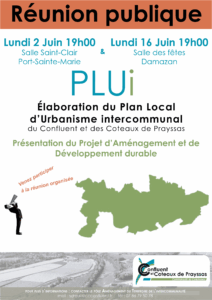 Réunion publique sur le Plui Lundi 02/06/2025 salle Saint Clair à Port-Sainte-Marie et lundi 16/06/2025 à 19h salle des fêtes de Damazan