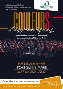Concert couleurs hispaniques le jeudi 7 aout 2025 à 20h30 place jean Barennes à Port-Sainte-Marie. Entrée libre. Si mauvais temps, concert déplacé salle Saint Clair