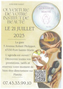 Institut de beauté la bulle de beauté by elo au 5 avenue Robert Philippot 47130 Port-Ste-Marie rdv au 07 43 33 99 10 ouverture le 21/07/2025