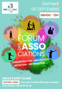 Forum des associations le samedi 6 septembre 2025 à Port-Sainte-Marie de 8h30 à 13h salle Saint Clair