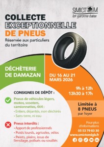 collecte de pneus - déchèterie de Damazan du 16 au 21 mars 2026