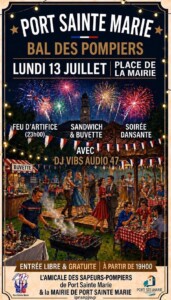 Bal des Sapeurs-Pompiers de Port-Sainte-Marie le lundi 13/07/2026 à partir de 19h00 place Jean Barennes